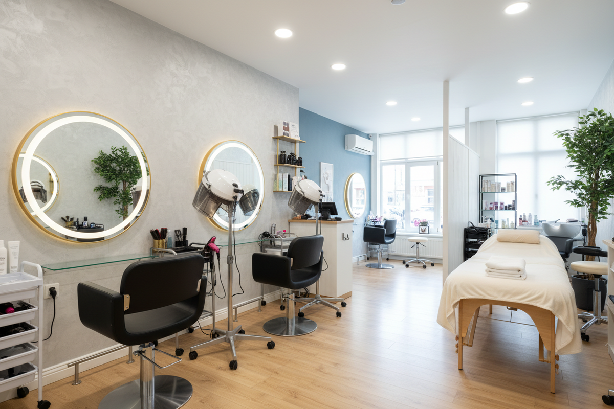 salon furniture and equipments showing mirrors , dryers, massage bed etc